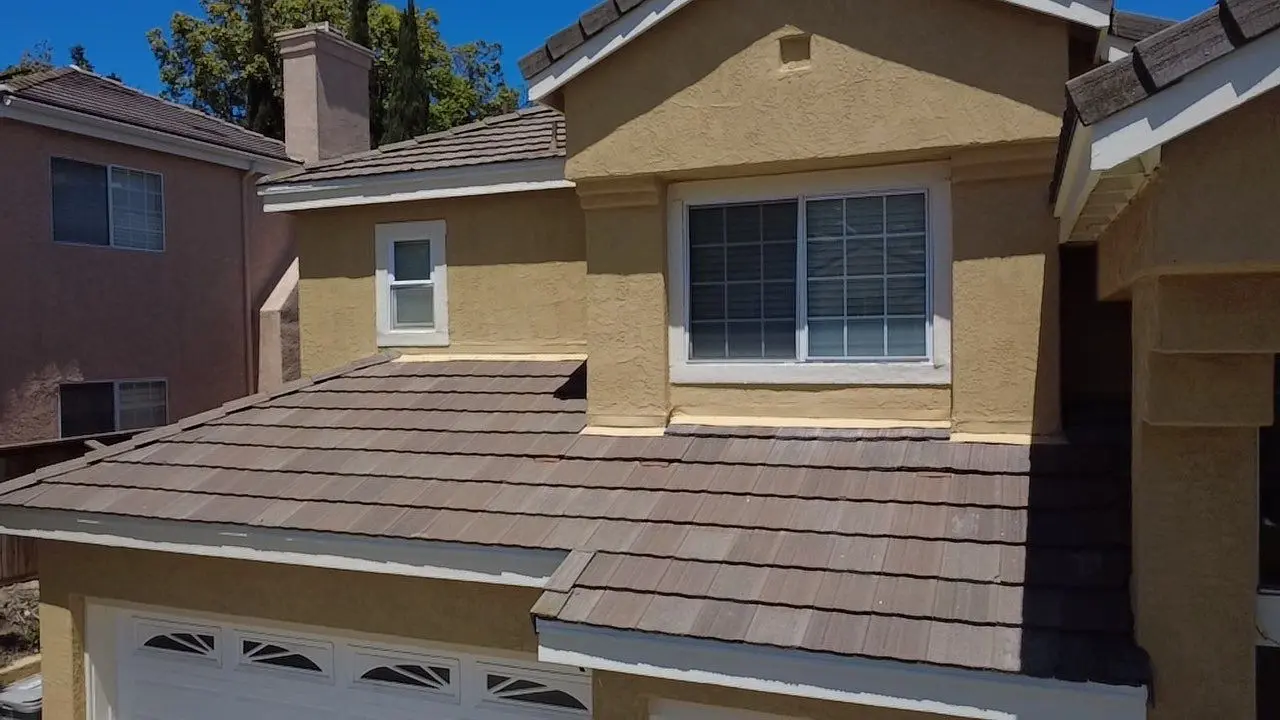 Completed concrete tile roof above the front of the Carmel Mountain Ranch home