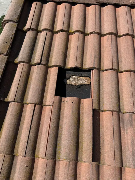 Opening in deteriorated underlayment beneath a concrete tile roof